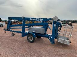 2009 Genie TZ-50 towable boom lift, electric powered, 50' lift, jib, outriggers, ball hitch,