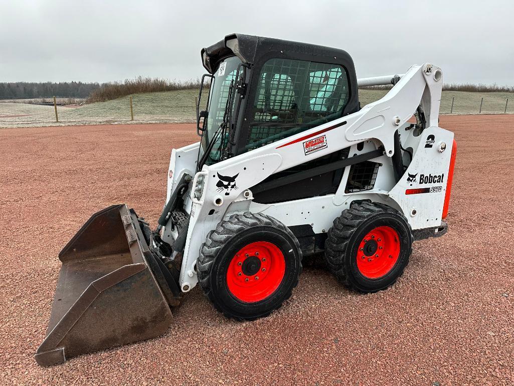 2014 Bobcat S570 skid steer, cab w/heat, high flow aux hyds, 2-spd, Power Bob Tach, bucket, 10x16.5