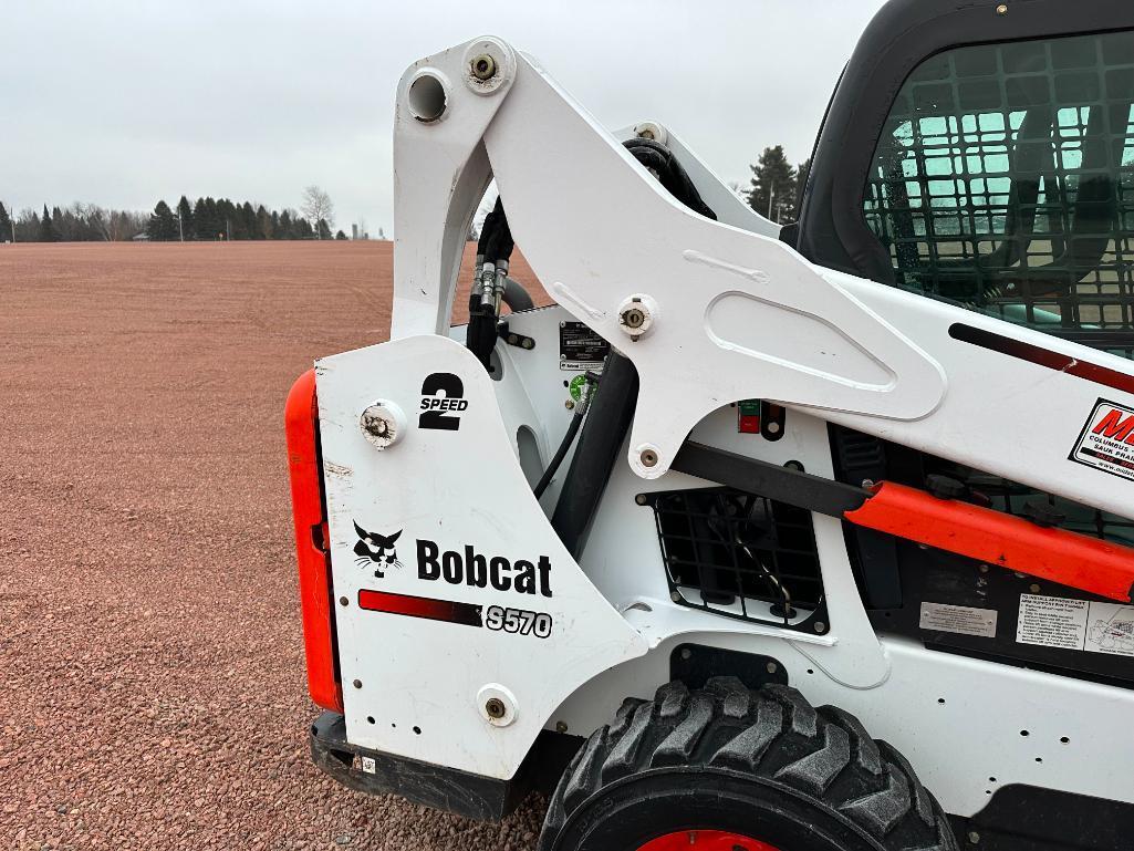 2014 Bobcat S570 skid steer, cab w/heat, high flow aux hyds, 2-spd, Power Bob Tach, bucket, 10x16.5