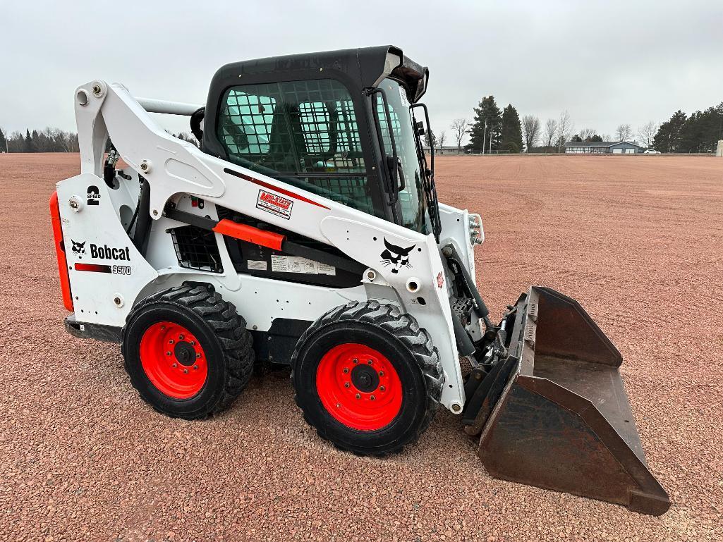 2014 Bobcat S570 skid steer, cab w/heat, high flow aux hyds, 2-spd, Power Bob Tach, bucket, 10x16.5