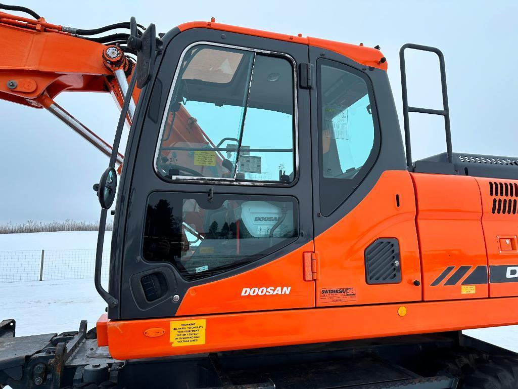 2013 Doosan DX190W-3 wheel excavator, cab w/AC, 7'7" stick, front blade, 10.00x20 tires, 36" quick