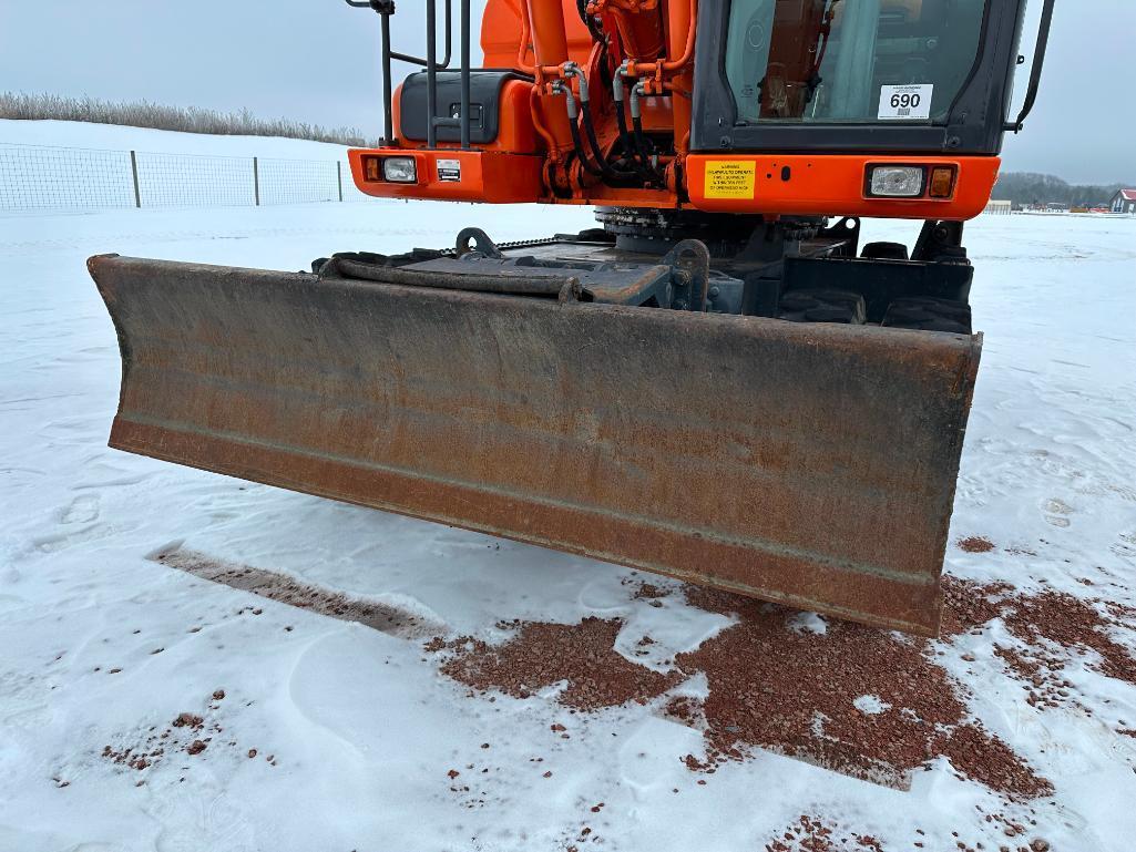 2013 Doosan DX190W-3 wheel excavator, cab w/AC, 7'7" stick, front blade, 10.00x20 tires, 36" quick