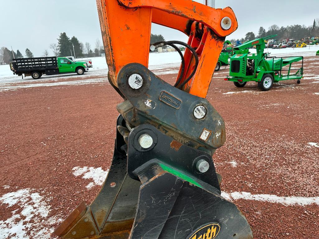 2013 Doosan DX190W-3 wheel excavator, cab w/AC, 7'7" stick, front blade, 10.00x20 tires, 36" quick