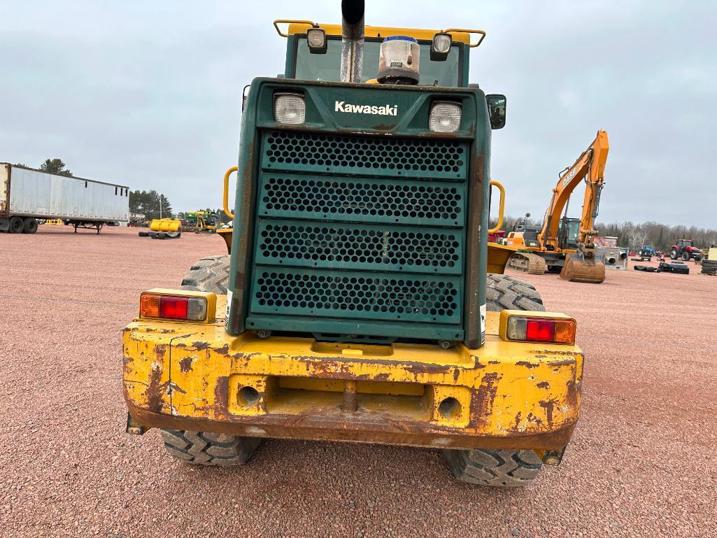 2002 Kawasaki 65TMV wheel loader, cab w/AC, 20.5x25 tires, 4-spd powershift trans, JRB quick coupler