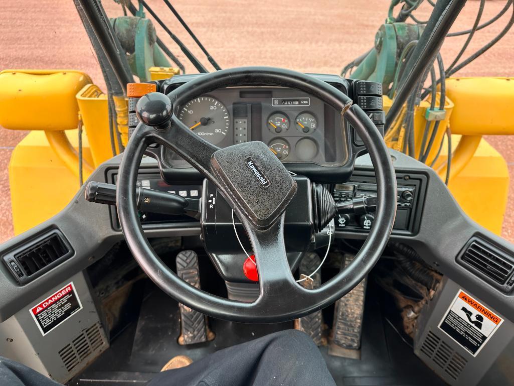 2002 Kawasaki 65TMV wheel loader, cab w/AC, 20.5x25 tires, 4-spd powershift trans, JRB quick coupler