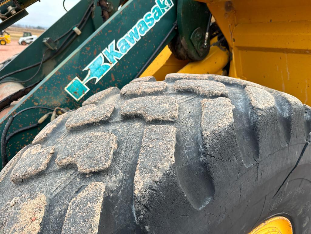 2002 Kawasaki 65TMV wheel loader, cab w/AC, 20.5x25 tires, 4-spd powershift trans, JRB quick coupler