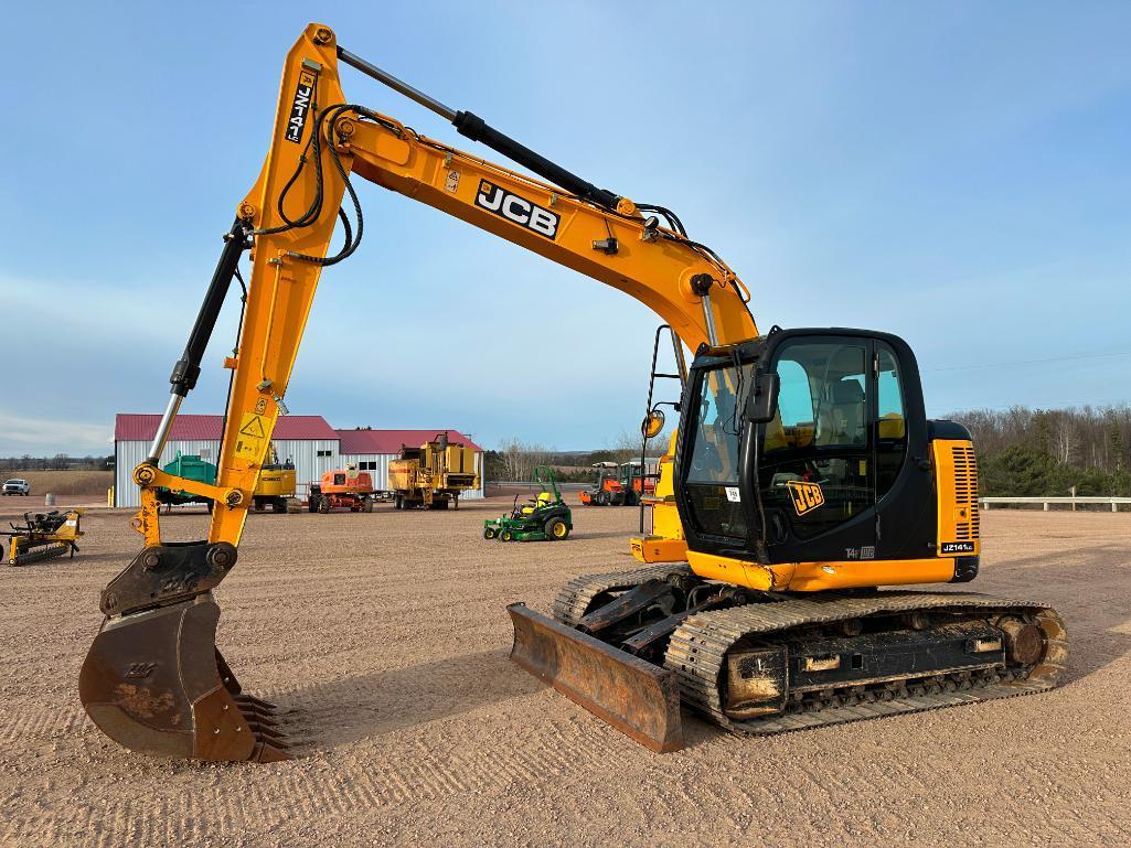 2019 JCB JZ141LC excavator, cab w/AC, 24" tracks, 9'10" stick, front blade, 48" quick coupler