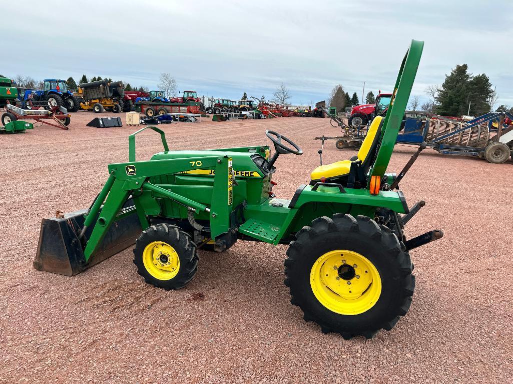 1993 John Deere 755 compact tractor, open station, 4x4, John Deere 70 loader, hydro trans, bar