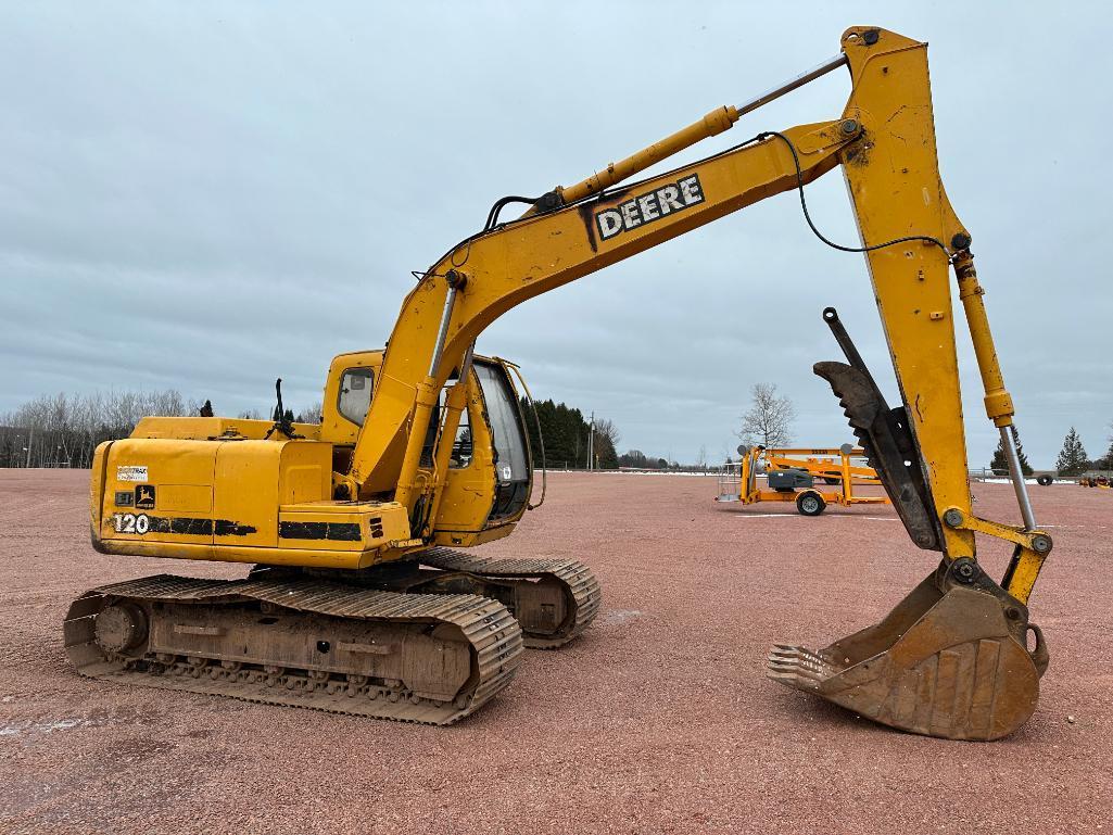 1997 John Deere 120 excavator, cab w/heat, 27 1/2" track pads, 36" bucket, manual thumb, runs &