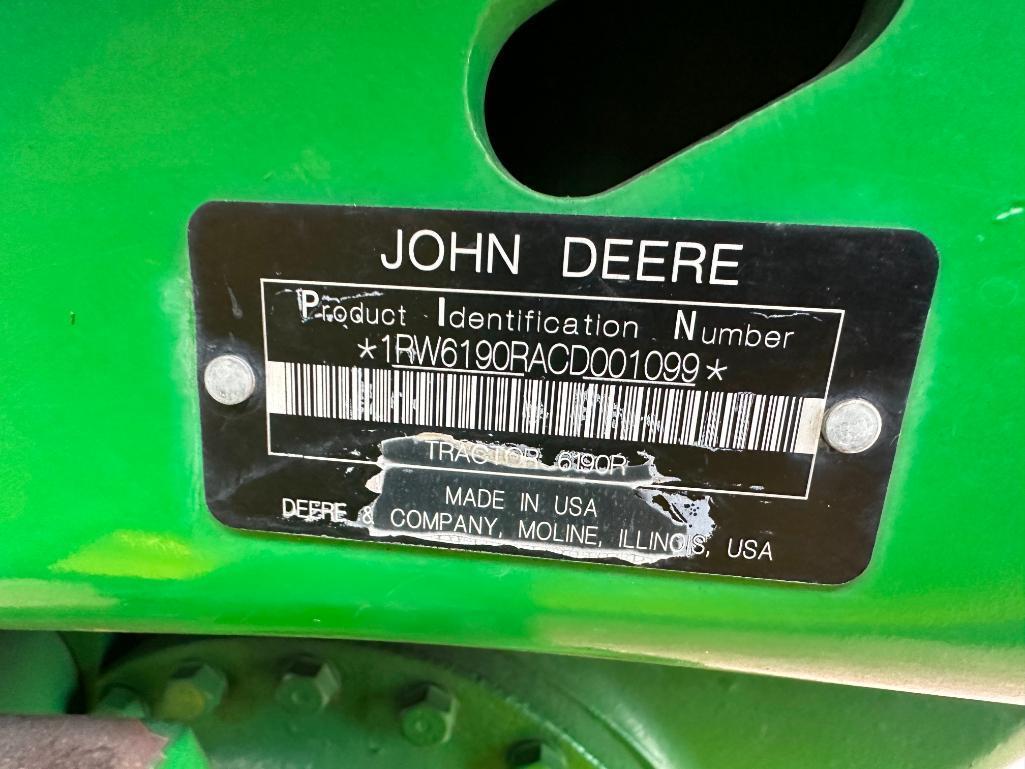 2012 John Deere 6190 R tractor, CHA, MFD, 480/80R46 rear tires, IVT trans, 3-hyds, 540/1000 PTO