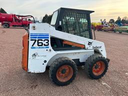 1999 Bobcat 763F skid steer, cab w/heat, high flow aux hyds, 10x16.5 tires, hand & foot controls,