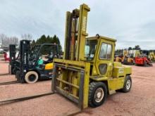 Clark C500Y130 pneumatic tire forklift, cab w/heat, 15,000 lb capacity, gas engine, dual front