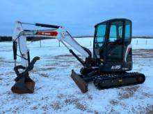 2017 Bobcat E35 excavator, cab w/AC, 12" rubber tracks, front blade, hyd thumb, quick coupler