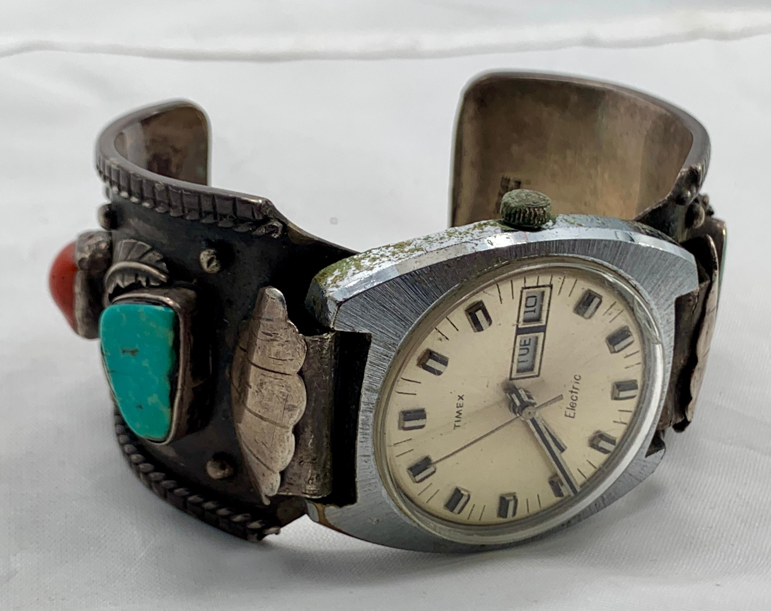 Old Pawn Taxco Plata Watch Band/cuff With Electric Timex