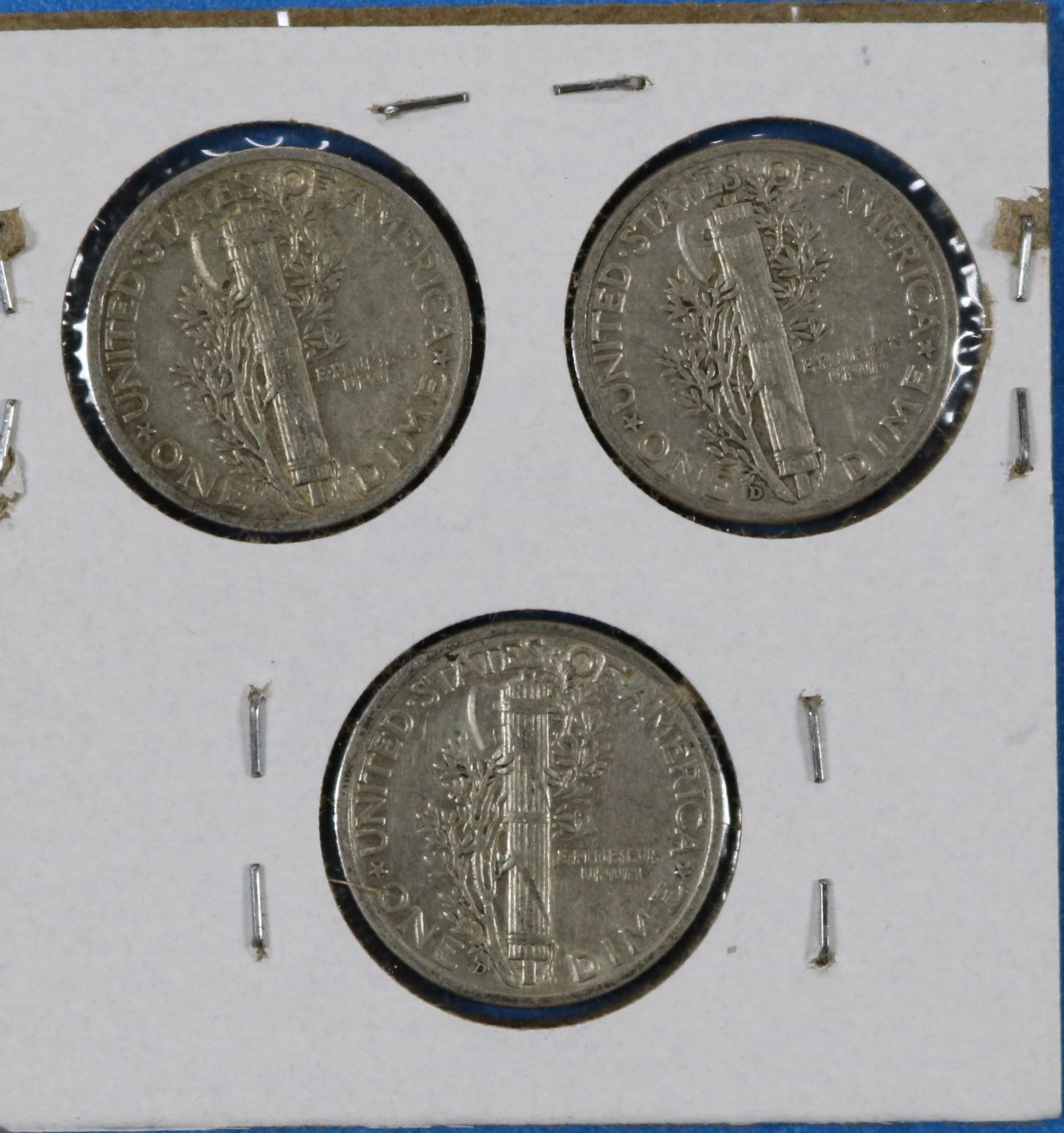 Lot of 3 Silver Mercury Dimes 1940 1941-D 1943-D