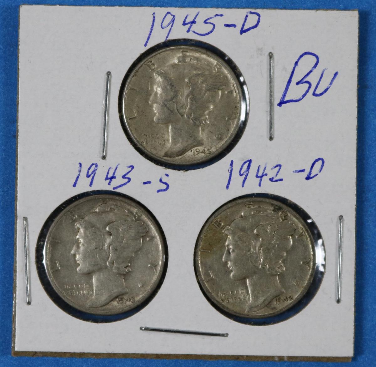 Lot of 3 Silver Mercury Dimes 1942-1945