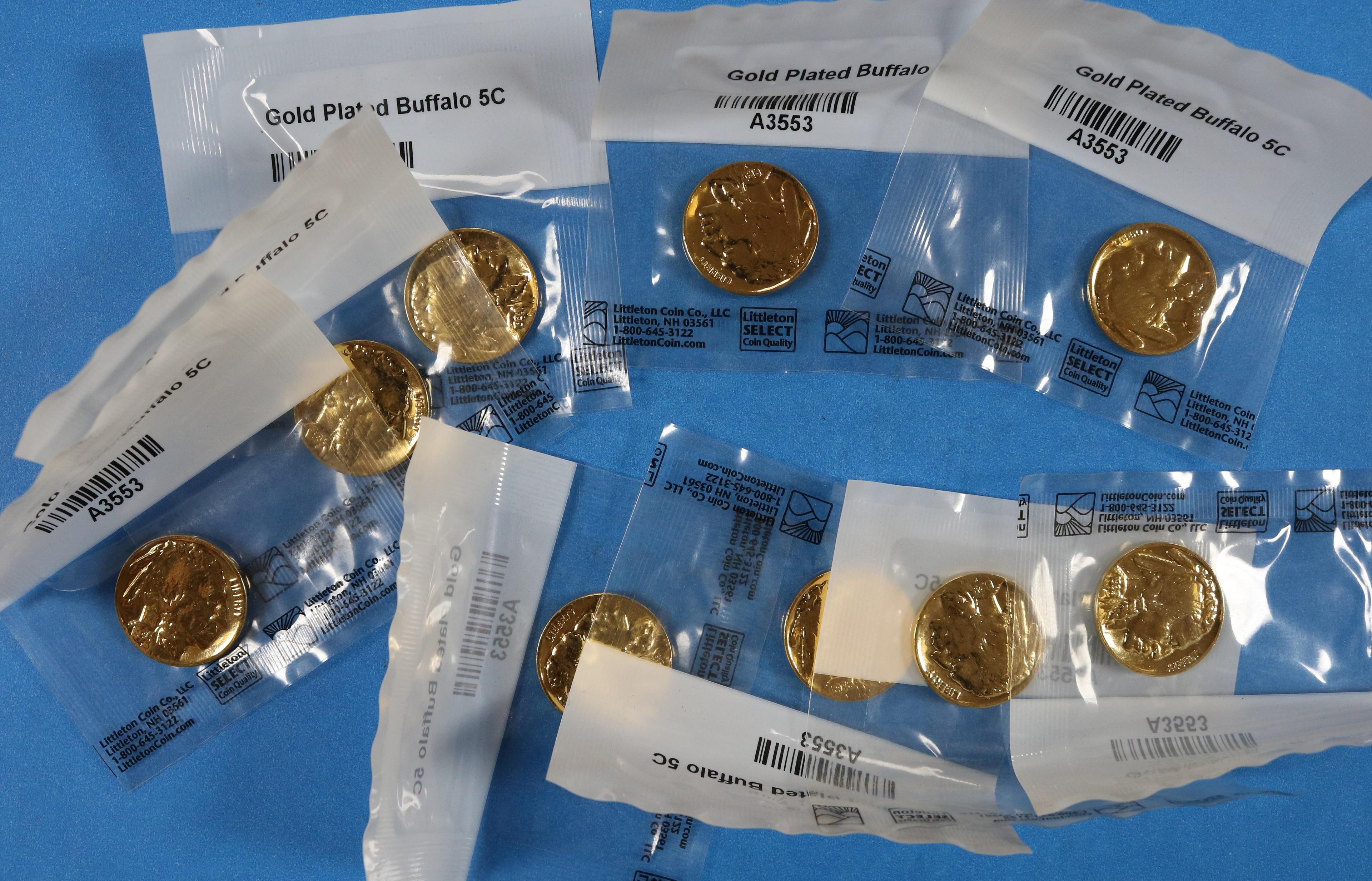 Lot of Gold Plated Buffalo Nickels - 9 Coins total