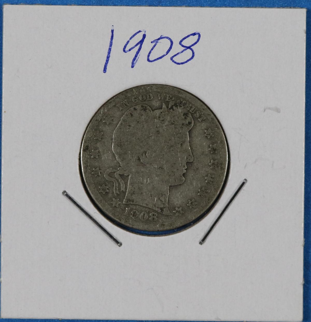 1908 Barber Silver Quarter