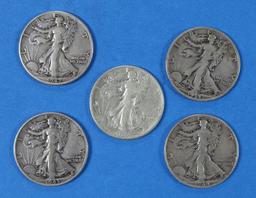 Lot of 5 Walking Liberty Half Dollars 1935-1944