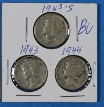 Lot of 3 Mercury Silver Dimes 1943 1943-S & 1944