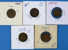 Lot of 5 Indian Head Pennies - 1904-1908