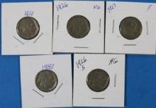 Lot of 5 Buffalo Nickels 1918-D, 1920, 1926, 1926-S, 1927