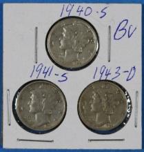 Lot of 3 Silver Mercury Dimes 1940-S 1941-S 1943-D