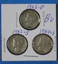 Lot of 3 Silver Mercury Dimes 1942-1944