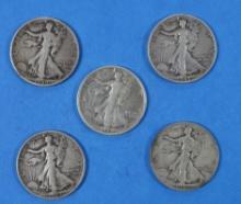 Lot of 5 Walking Liberty Half Dollars 1940-1943