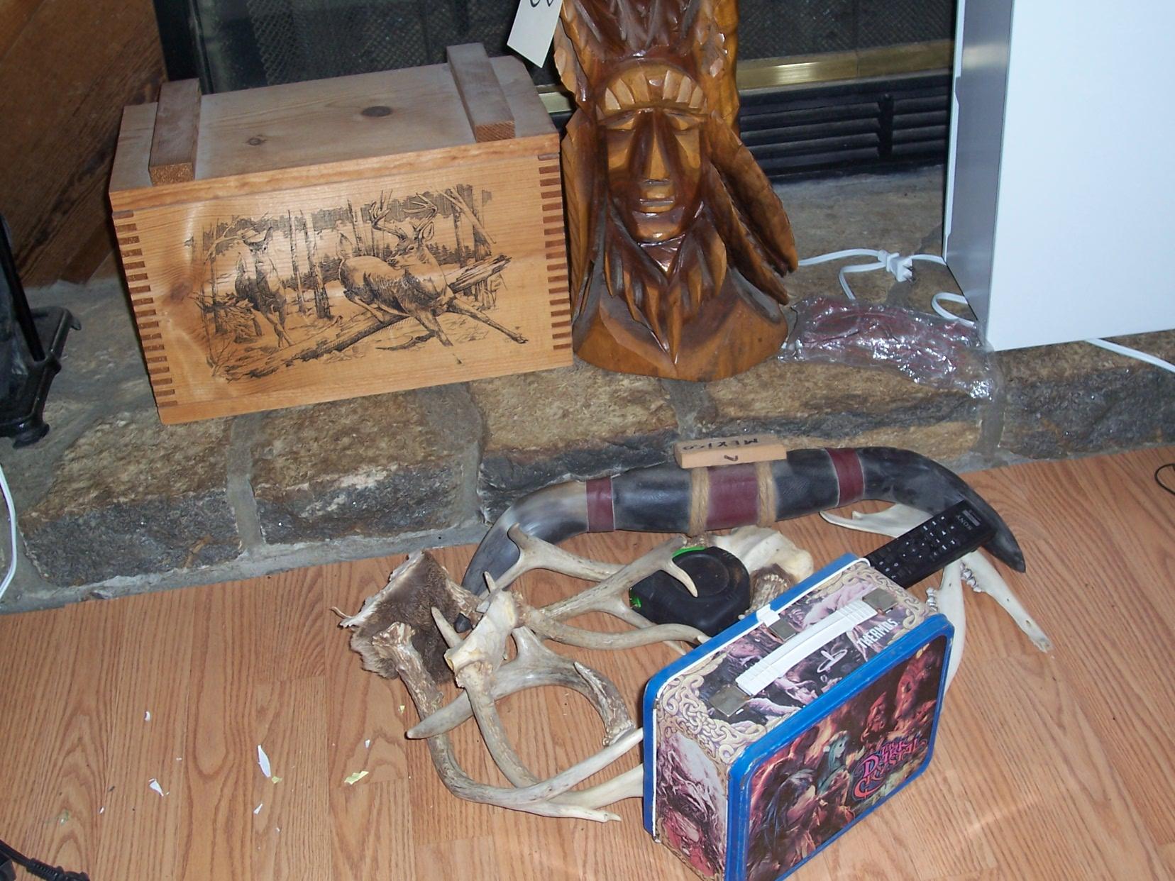 Wooden box, wooden carved Indian head and antlers