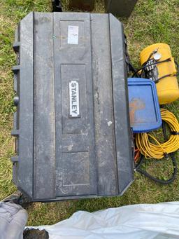 stanley job box with tools, air tank, water hose