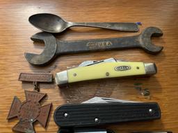 Misc. Lot knives, pocket watches, antique wrench and spoon