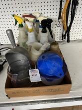 spray bottles,funnel, antique feed scoop