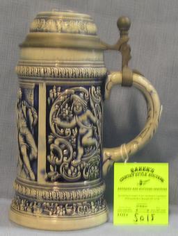 German beer stein with pewter & porcelain figural lid