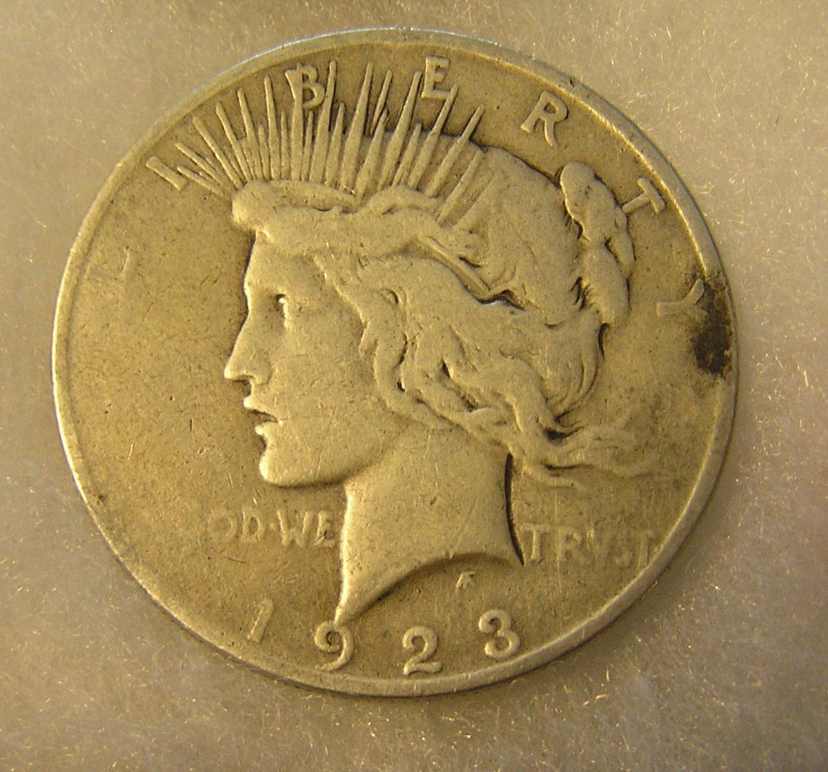 1923D Lady Liberty Peace silver dollar in good condition