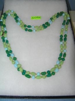 Antique triple tone green and blue glass necklace