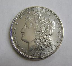 1921 Morgan silver dollar in AU condition