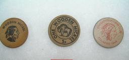 Group of 3 wood advertising nickles