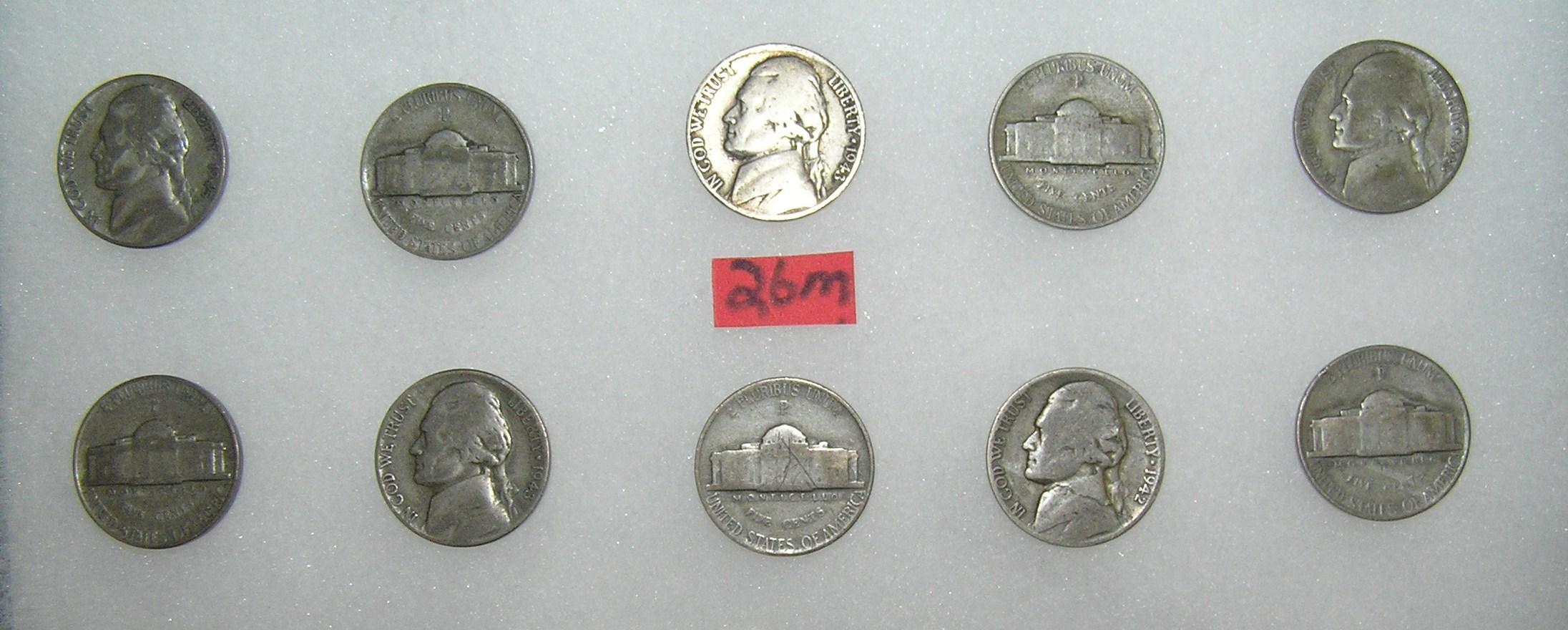 Group of all silver war time Jefferson nickels