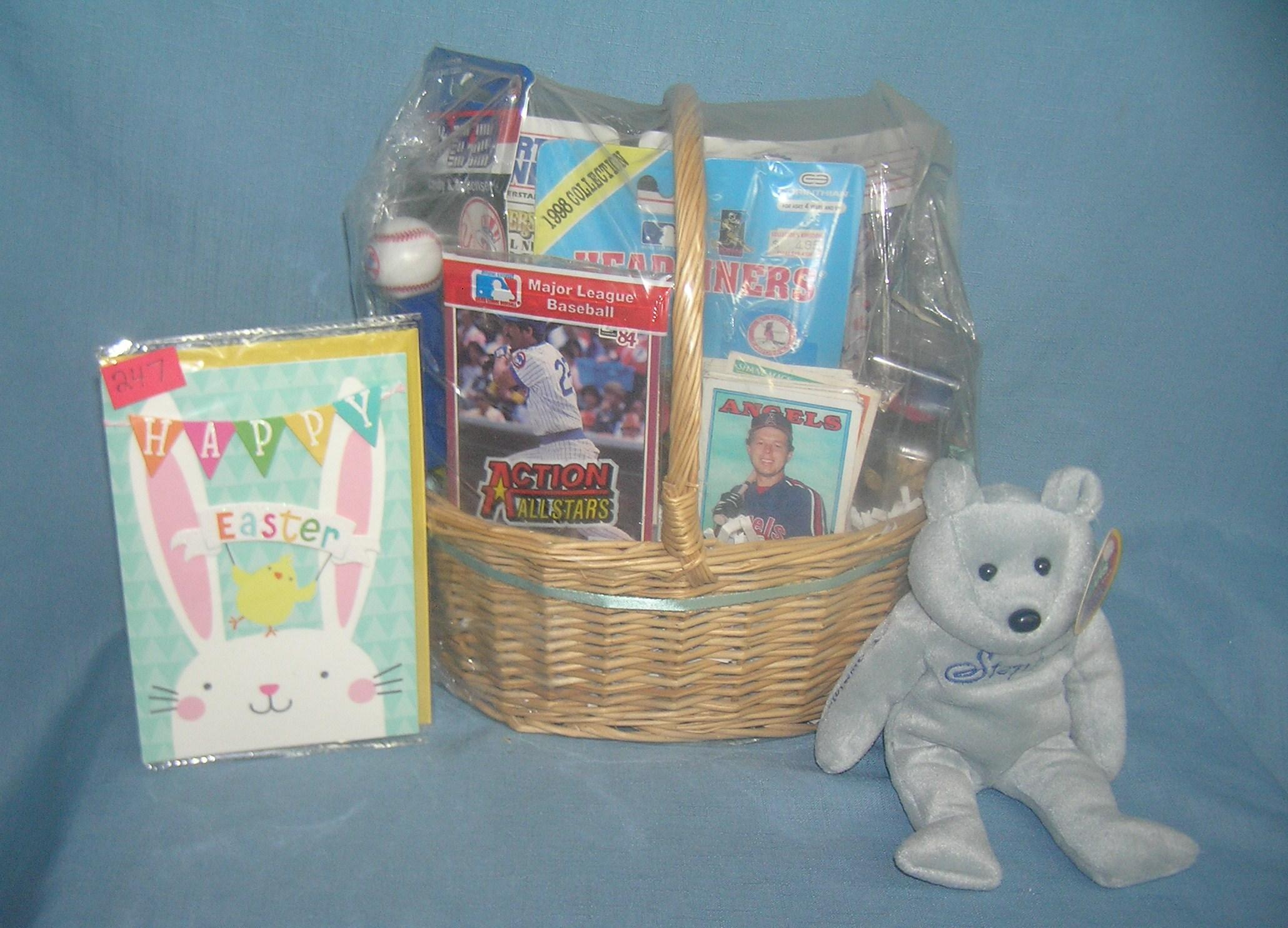 Sports collectibles themed gift basket, loaded