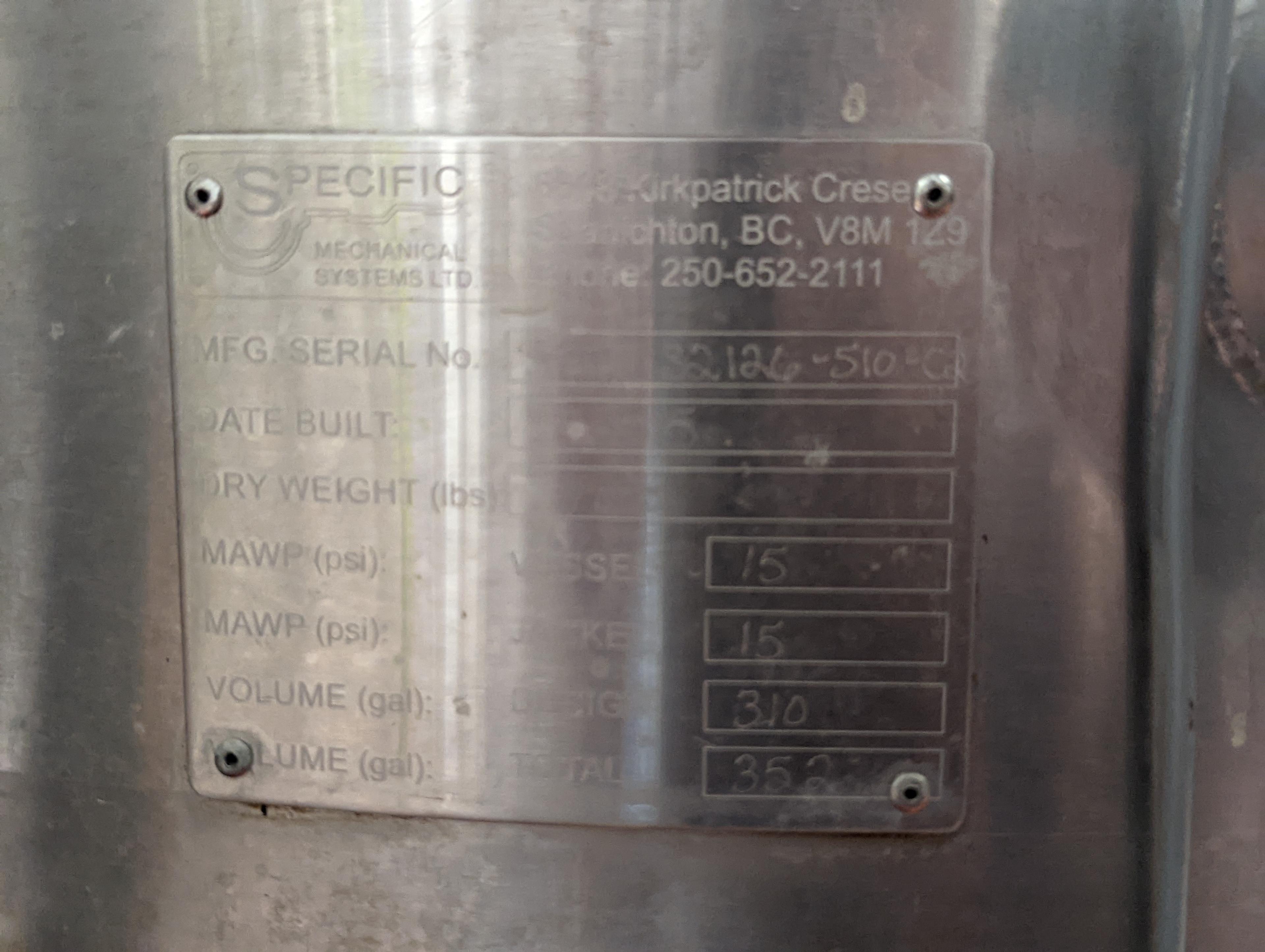 Specific Mechanical Systems 10 Bbl Jacketed Brite Tank