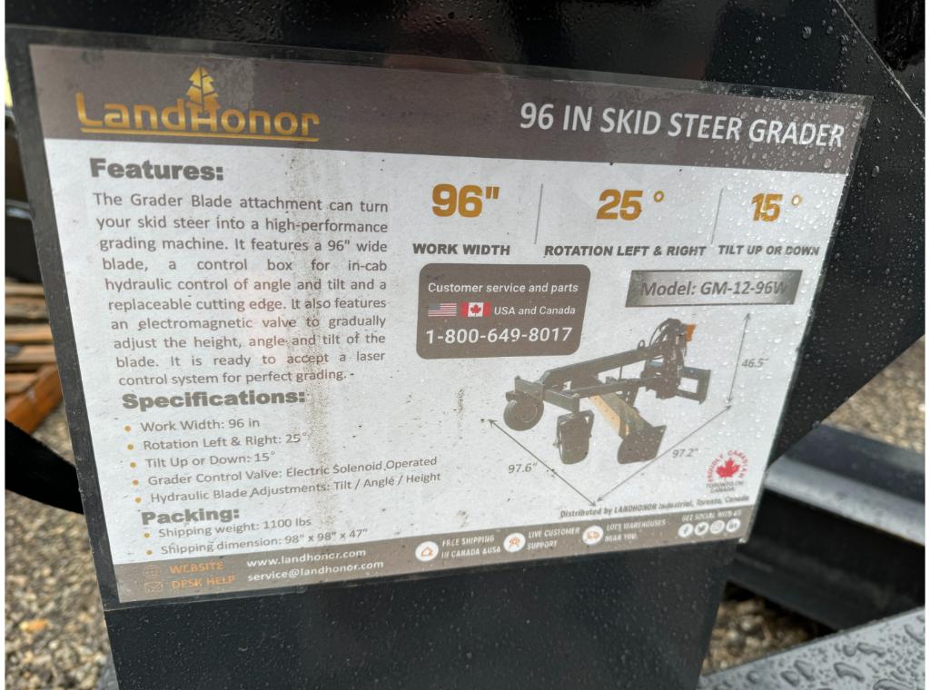 Landhonor GM-12-96W 96" Skid Steer Grader