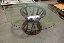 Bross Dorico Round Dining Table w/Transparent Glass Top, Dark Oak Base
