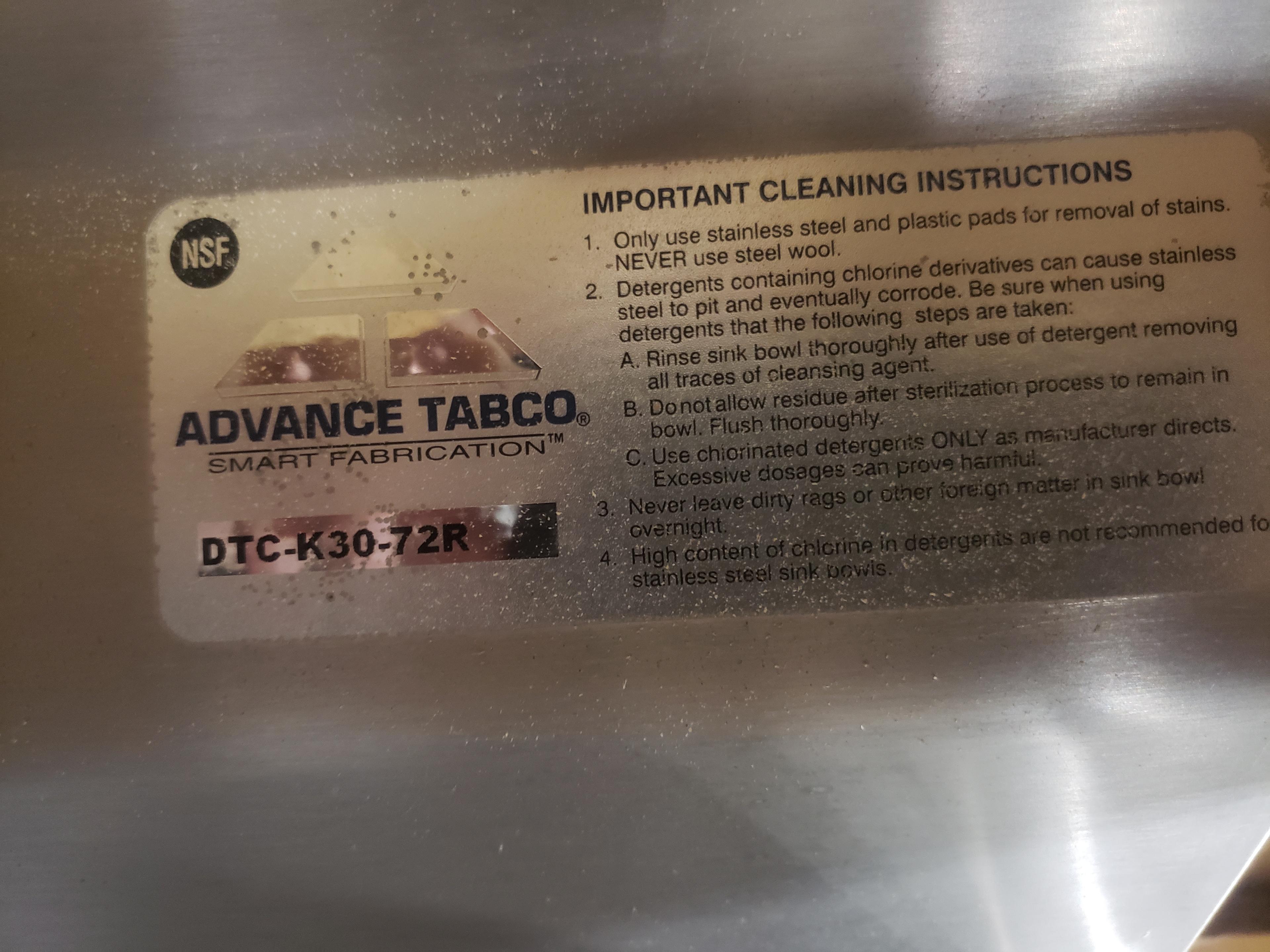 Advance Tabco Stainless Steel Dishwasher Outfeed Table, m/n DTC-K30-72R (New in Crate)