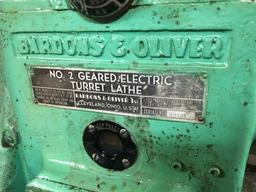 BARDONS & OLIVER No 2 GEARED ELECTRIC 5HP 3PH TURRET LATHE, S/N: 13165