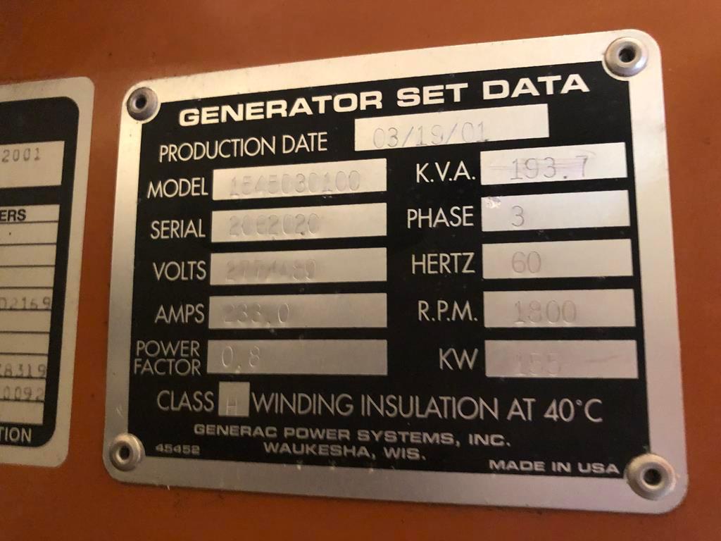 2001 GENERAC 155KW DIESEL GENSET, FUEL TANK, SWITCHGEAR & ELECTRICAL *Will require rigging