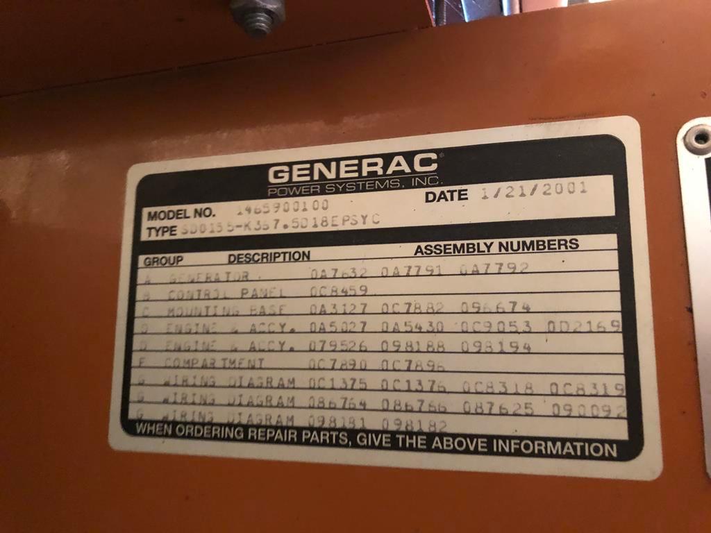 2001 GENERAC 155KW DIESEL GENSET, FUEL TANK, SWITCHGEAR & ELECTRICAL *Will require rigging