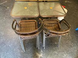 LOT: (2) 24" X 24" PATIO TABLES W/ 4-CHAIRS, 2-CHAIRS NEED SEAT BOTTOMS