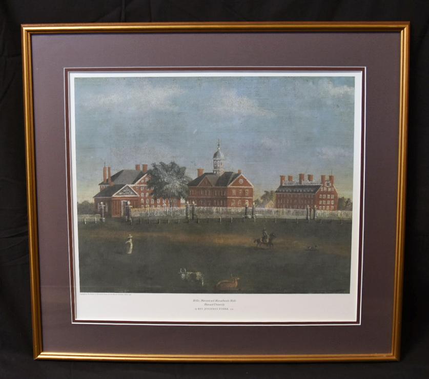 "HARVARD UNIVERSITY" PRINT BY REV. JONATHAN FISHER, DOUBLE MATTED AND FRAMED TO 28.25 X 26