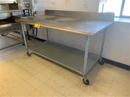 DUKE 6' X 36" STAINLESS STEEL TABLE WITH 6" BACK SPLASH AND GALVANIZED SHELF, CASTERS